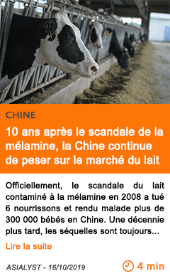 Economie 10 ans apres le scandale de la melamine la chine continue de peser sur le marche du lait
